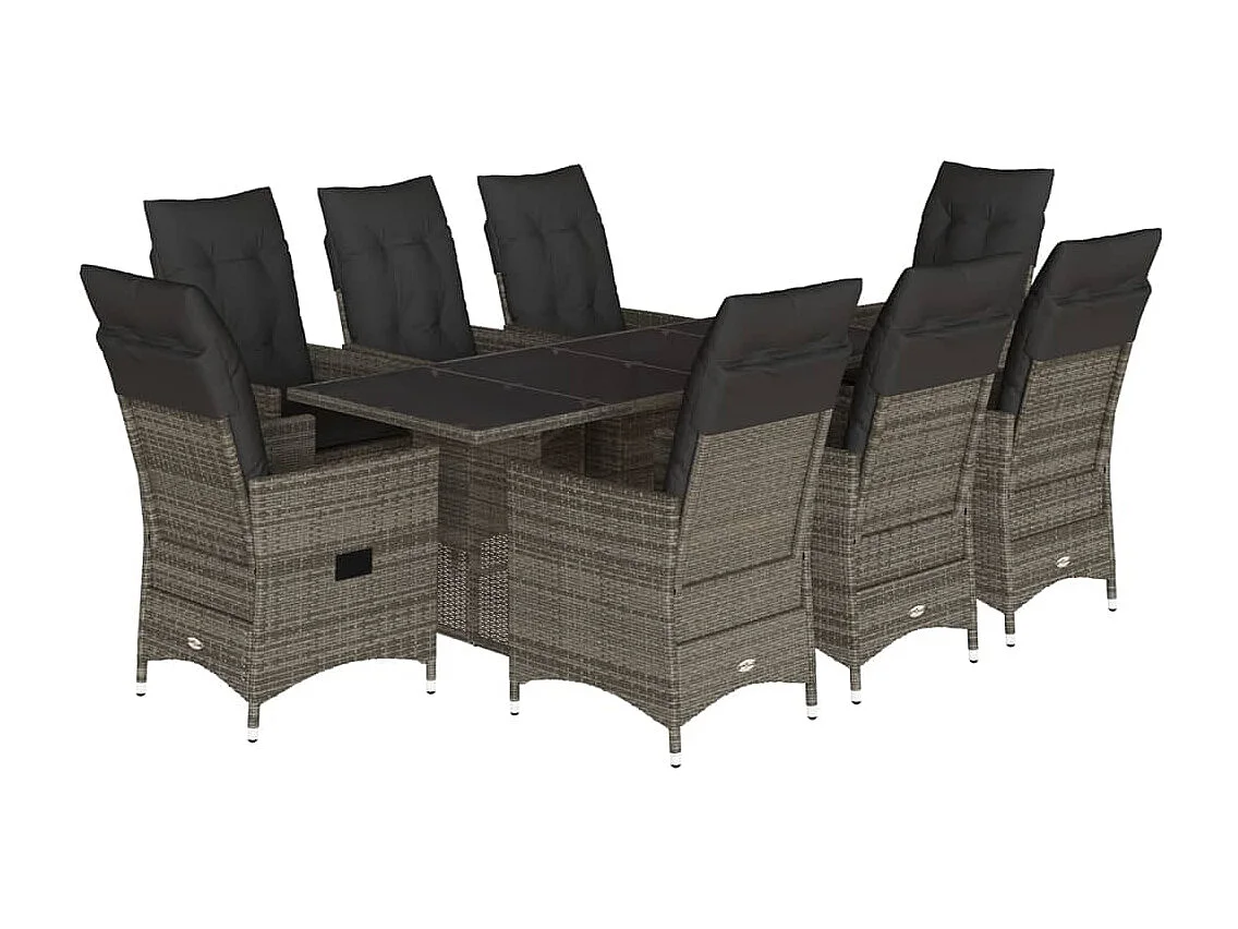 Set comedor jardín 9 piezas y cojines ratán sintético gris