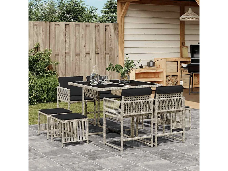 Set comedor de jardín 9 piezas cojines ratán sintético gris claro