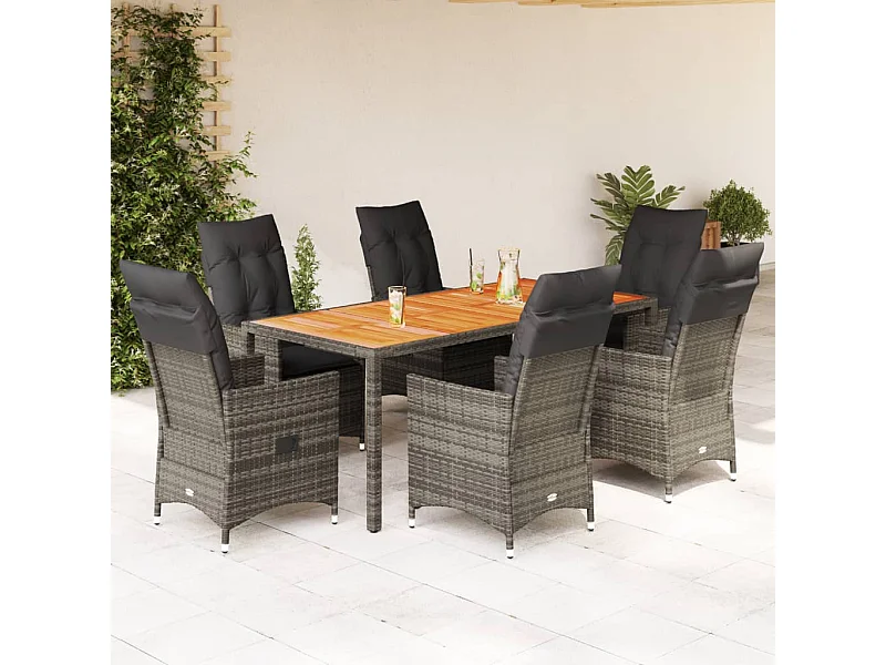 Ensemble à manger de jardin et coussins 7 pièces gris rotin