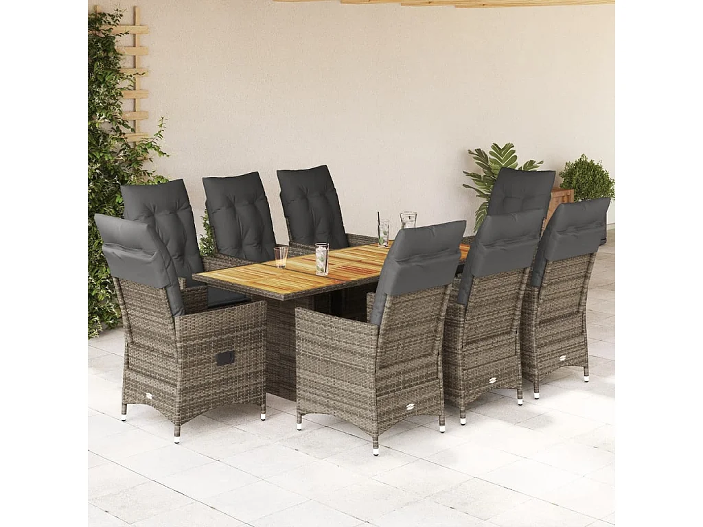Set comedor jardín 9 piezas y cojines ratán sintético gris