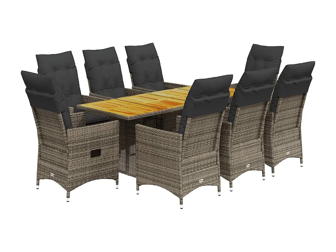 Set comedor jardín 9 piezas y cojines ratán sintético gris