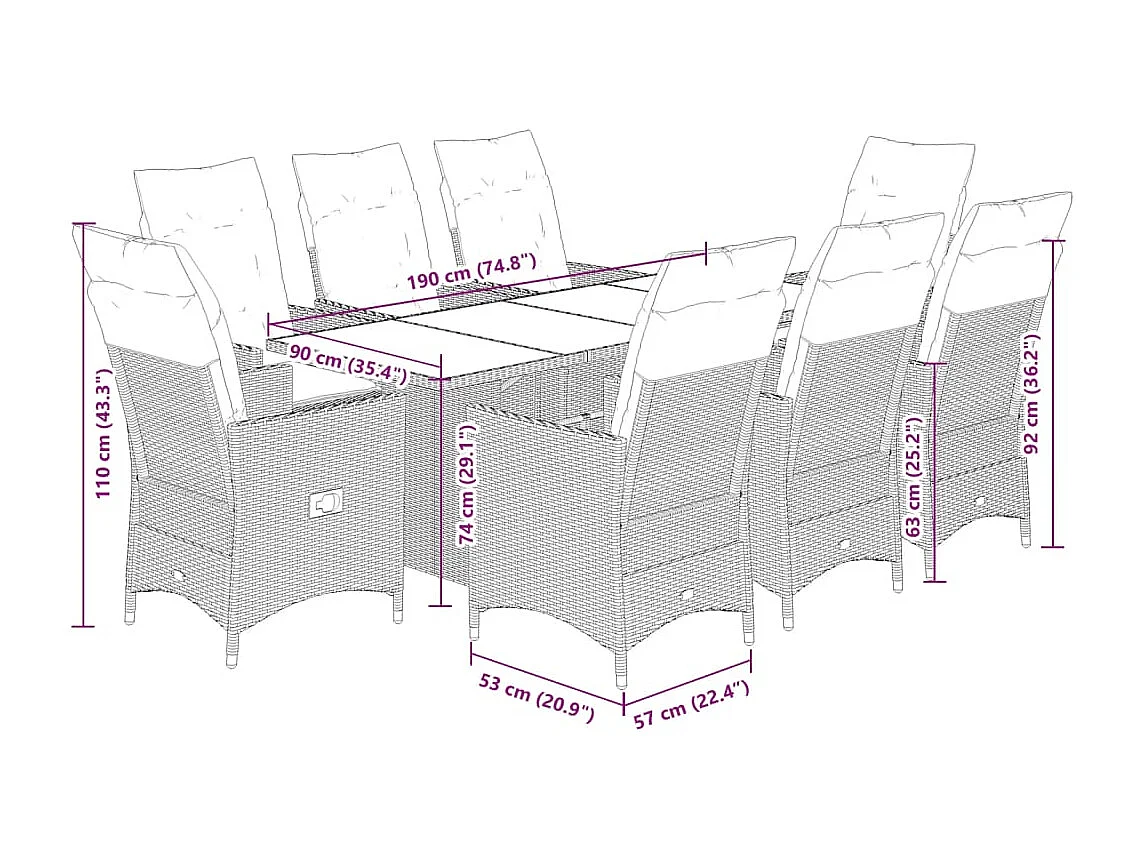 Set comedor jardín 9 piezas y cojines ratán sintético gris