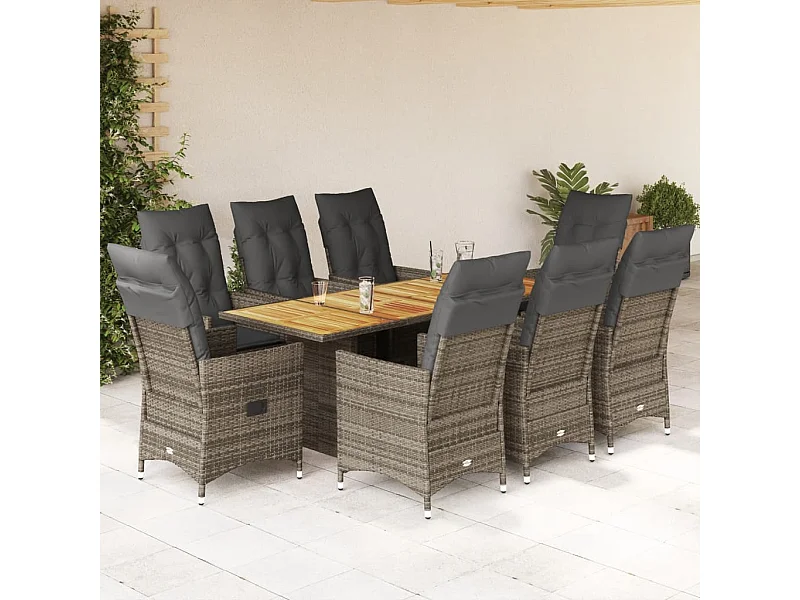 Set comedor jardín 9 piezas y cojines ratán sintético gris