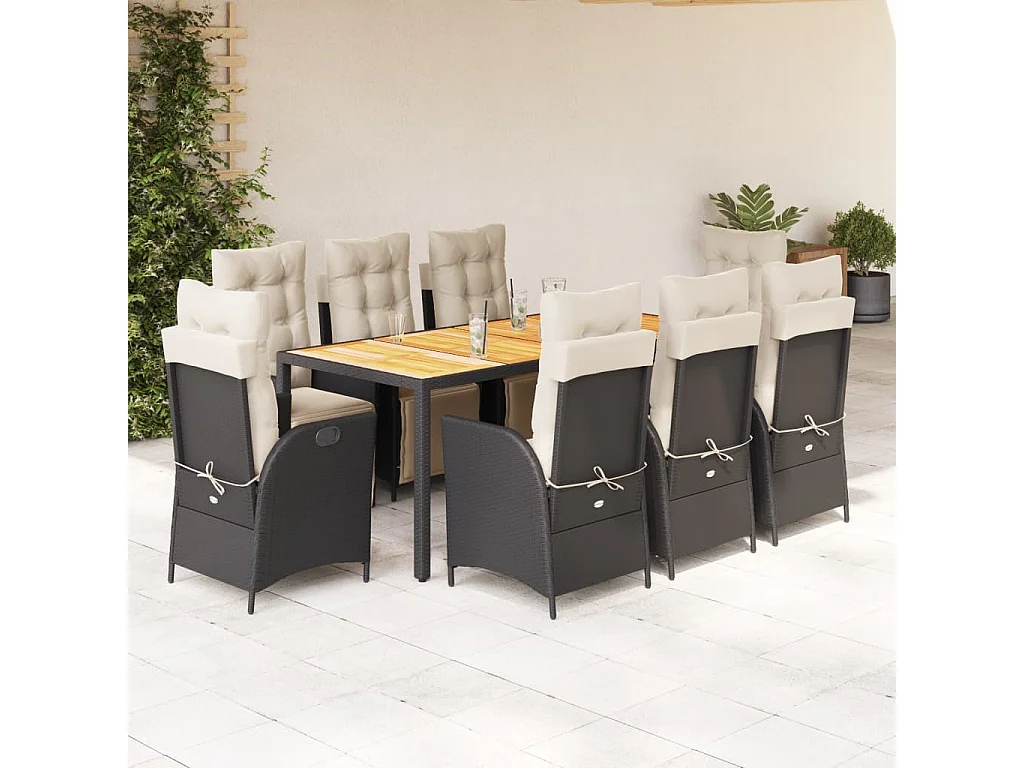 Ensemble à manger de jardin 9 pièces coussins noir résine tressée