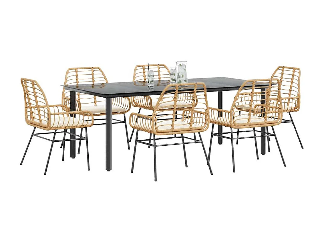 Ensemble à manger jardin coussins 7pièces marron poly rotin verre