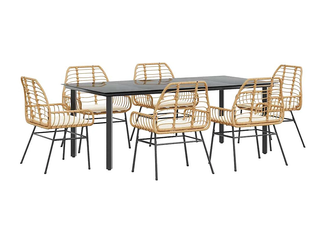 Ensemble à manger jardin coussins 7pièces marron poly rotin verre