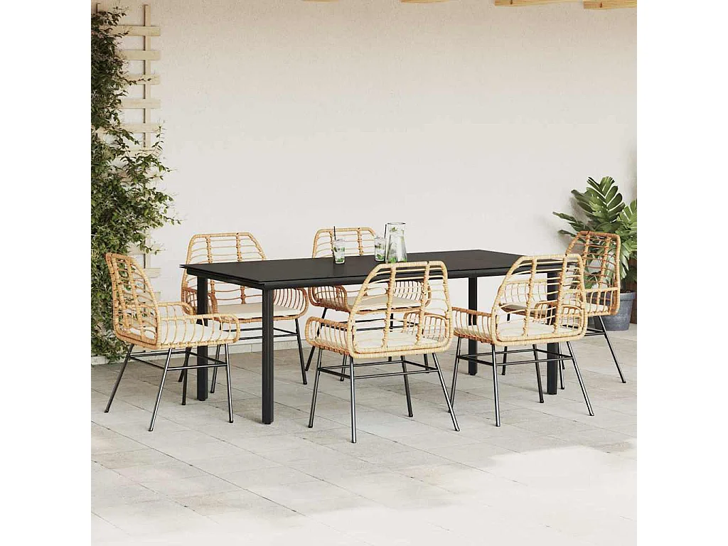 Ensemble à manger jardin coussins 7pièces marron poly rotin verre