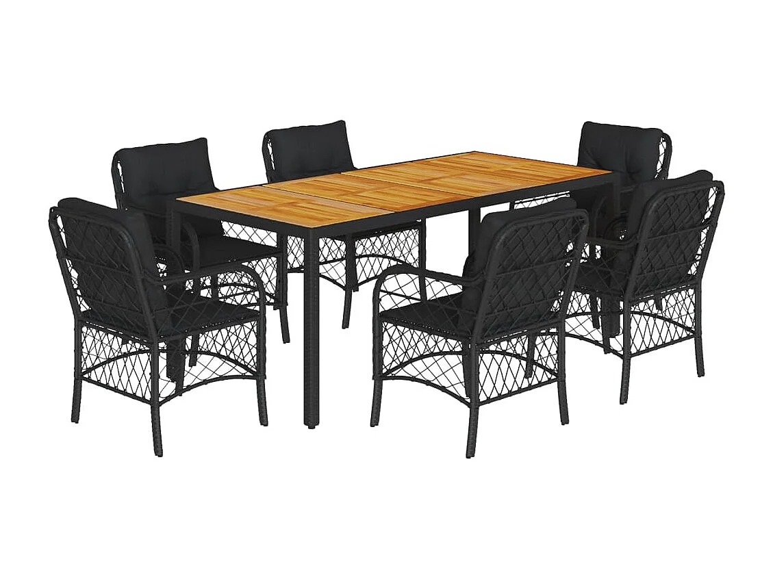 Set de comedor de jardín 7 piezas y cojines ratán sintético negro