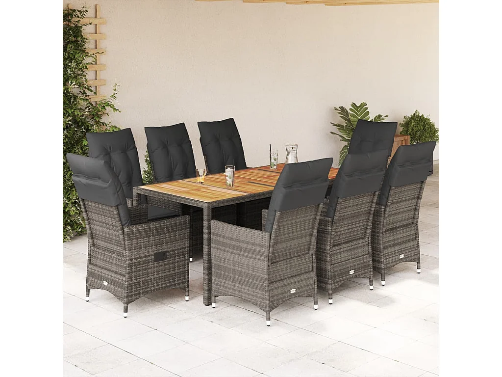 Set comedor jardín 9 piezas y cojines ratán sintético gris