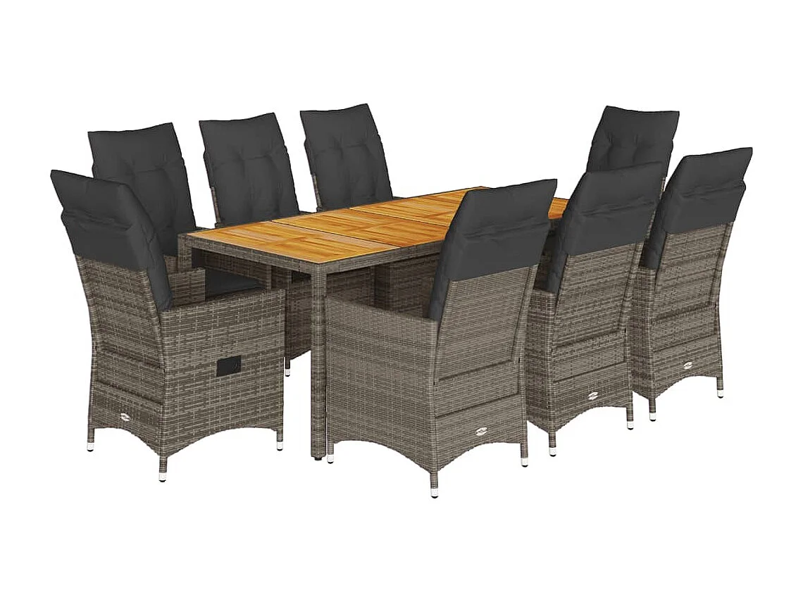 Set comedor jardín 9 piezas y cojines ratán sintético gris