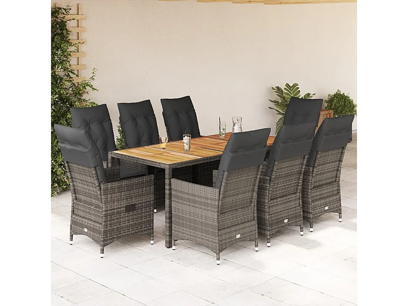 Set comedor jardín 9 piezas y cojines ratán sintético gris