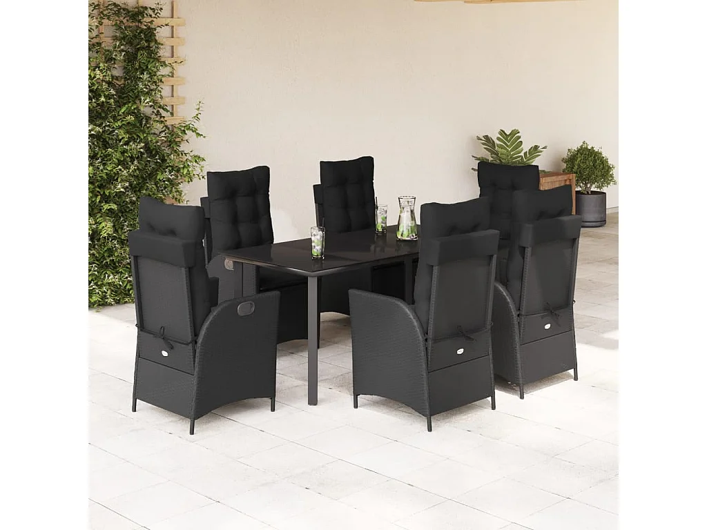 Set de comedor de jardín 7 piezas y cojines ratán sintético negro