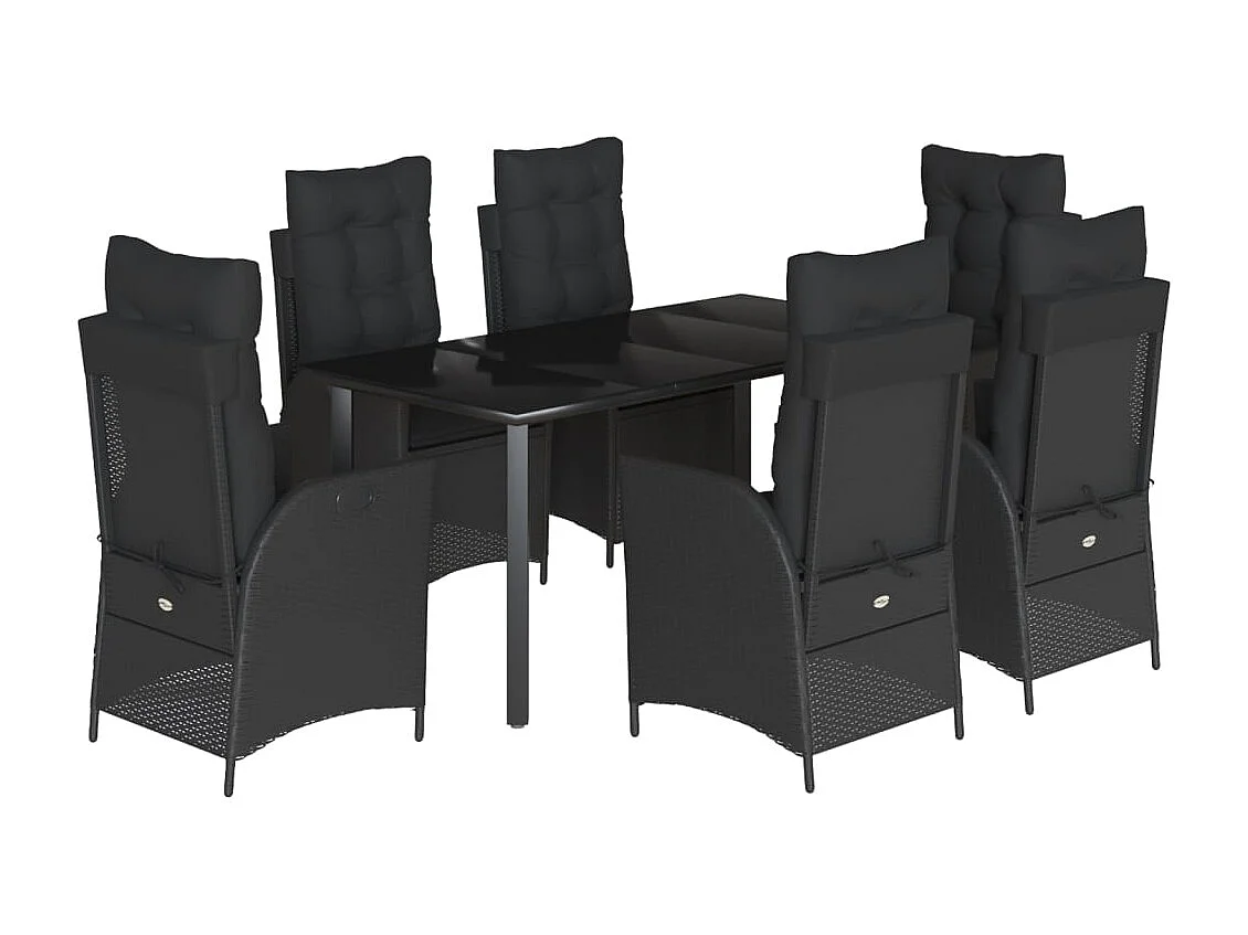 Set de comedor de jardín 7 piezas y cojines ratán sintético negro