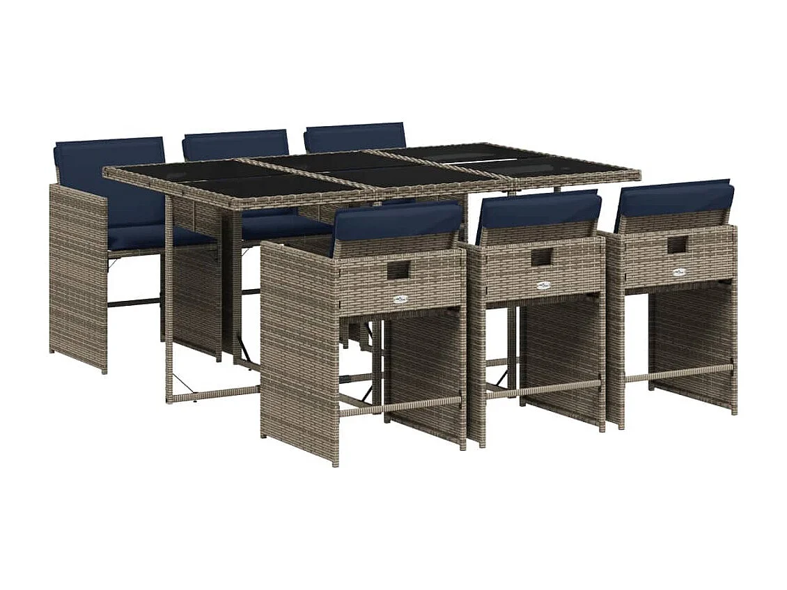 Ensemble à manger de jardin 7 pièces coussins gris résine tressée