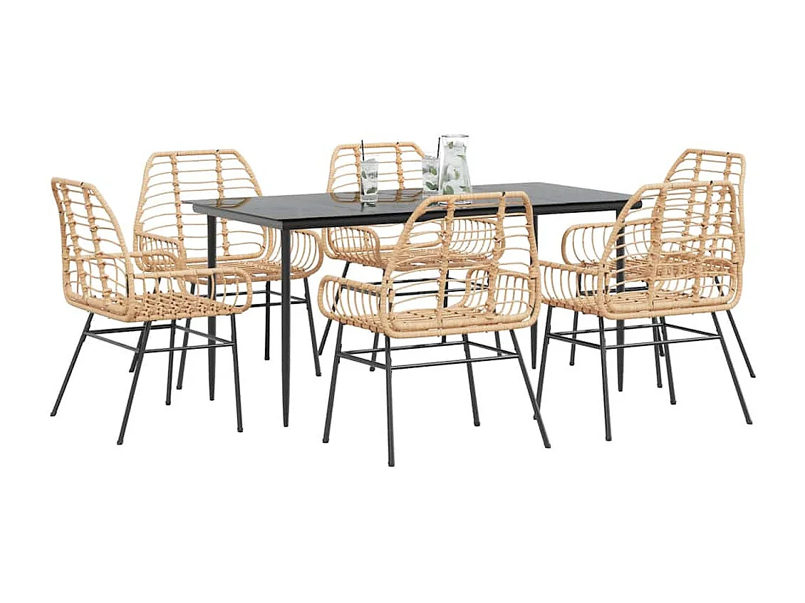 Ensemble à manger jardin 7pièces marron poly rotin verre