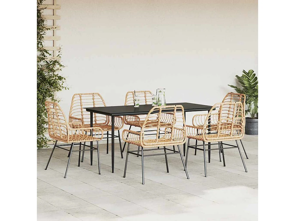 Ensemble à manger jardin 7pièces marron poly rotin verre