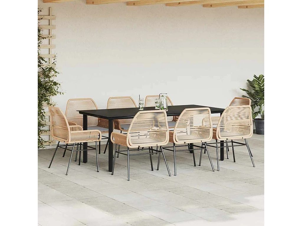 Juego comedor jardín 9 piezas cojines ratán sintético marrón