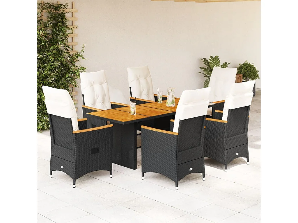 Set de comedor de jardín 7 piezas y cojines ratán sintético negro
