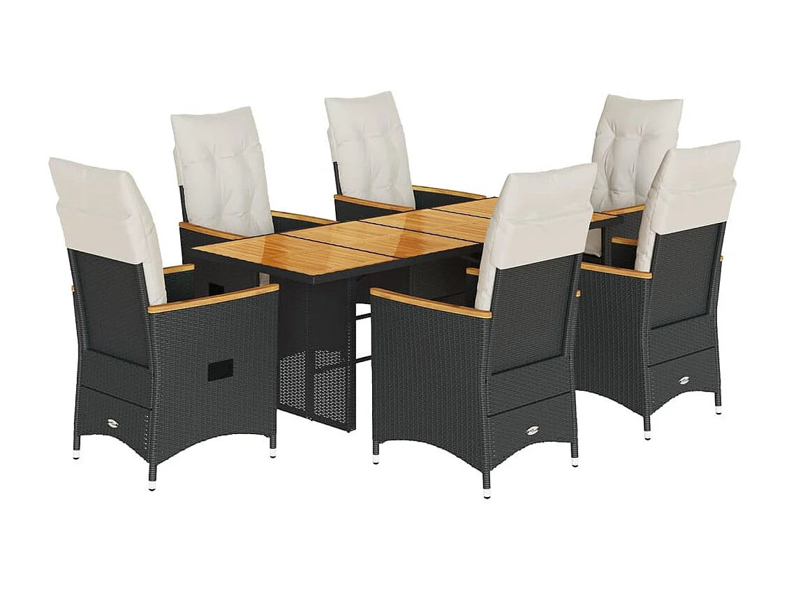 Set de comedor de jardín 7 piezas y cojines ratán sintético negro