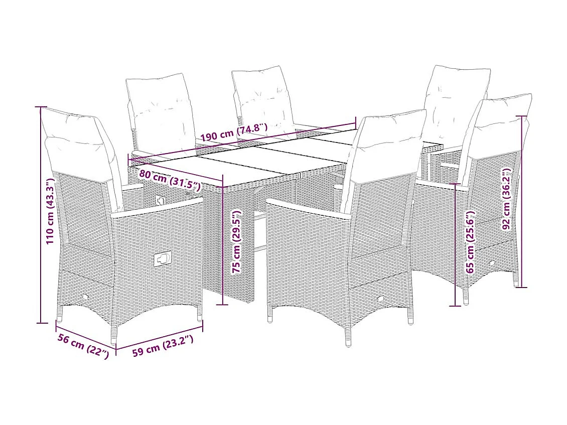 Set de comedor de jardín 7 piezas y cojines ratán sintético negro