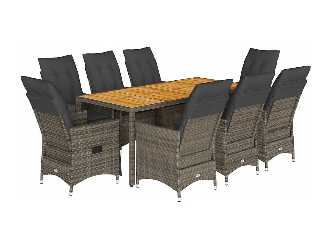 Set comedor jardín 9 piezas y cojines ratán sintético gris