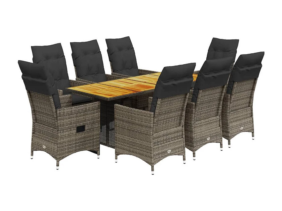 Set comedor jardín 9 piezas y cojines ratán sintético gris