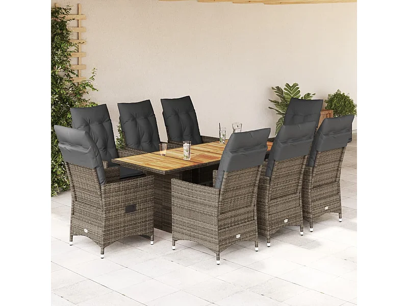 Set comedor jardín 9 piezas y cojines ratán sintético gris