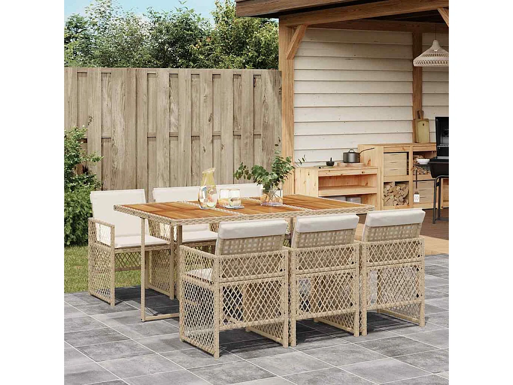 Ensemble à manger de jardin et coussins 7 pièces beige poly rotin