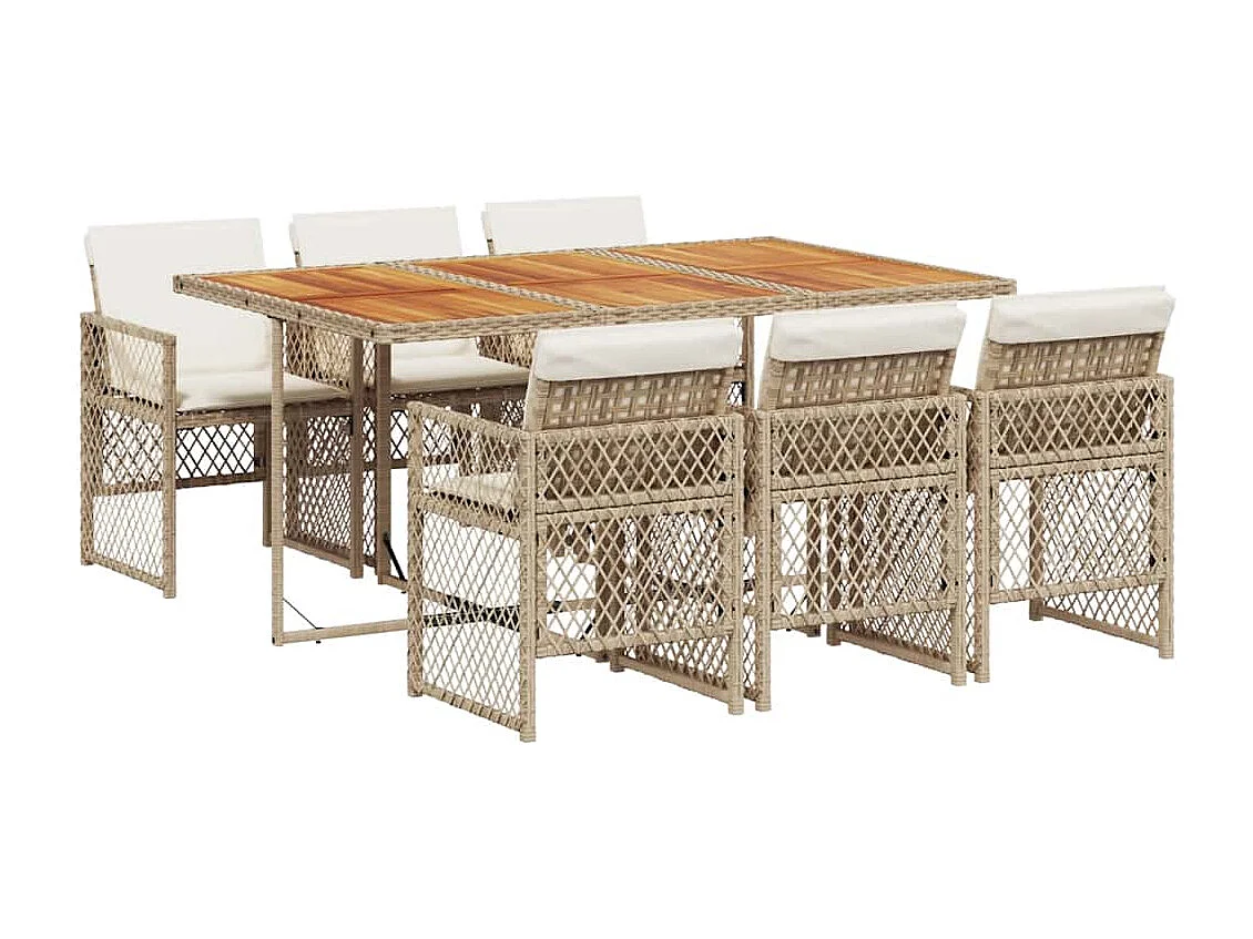 Ensemble à manger de jardin et coussins 7 pièces beige poly rotin