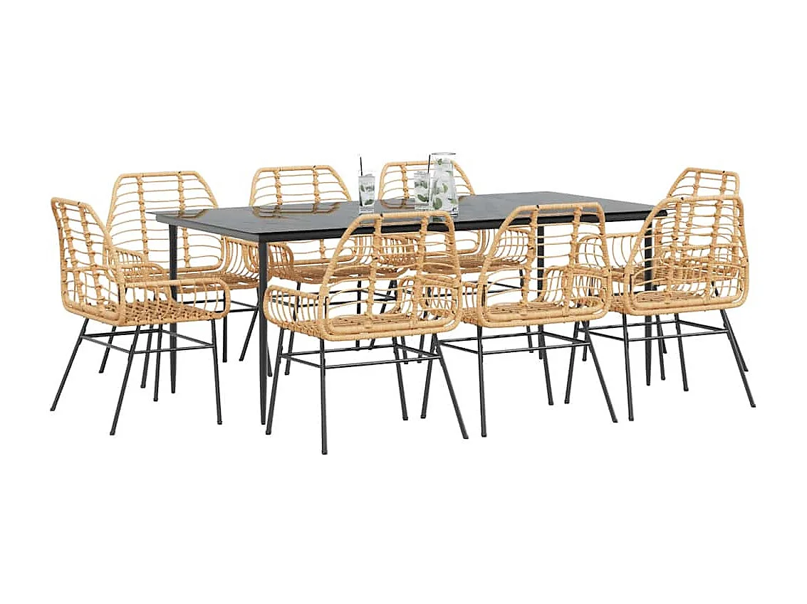 Ensemble à manger de jardin 9 pièces marron résine tressée verre