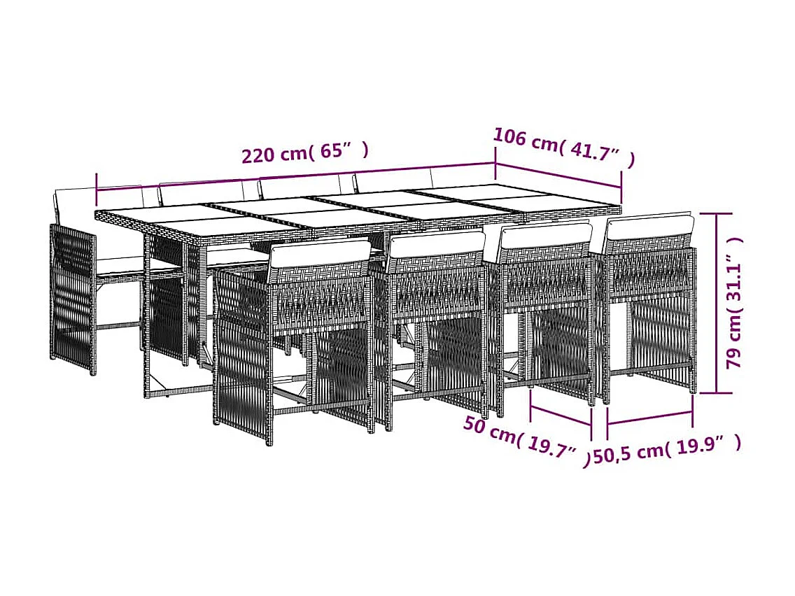Ensemble à manger de jardin et coussins 9 pièces gris clair rotin