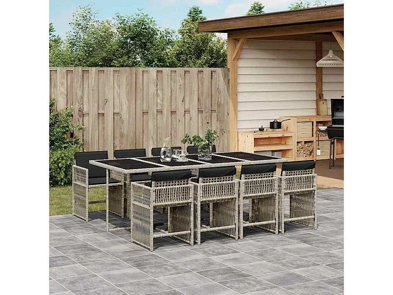 Ensemble à manger de jardin et coussins 9 pièces gris clair rotin