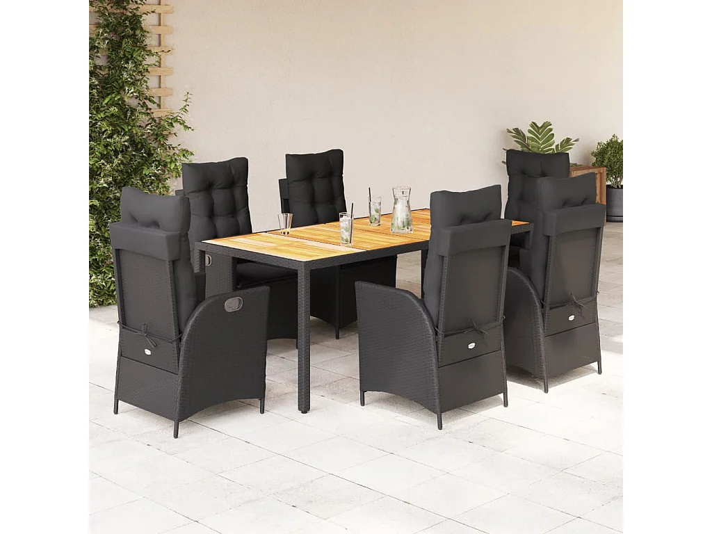 Set de comedor de jardín 7 piezas y cojines ratán sintético negro