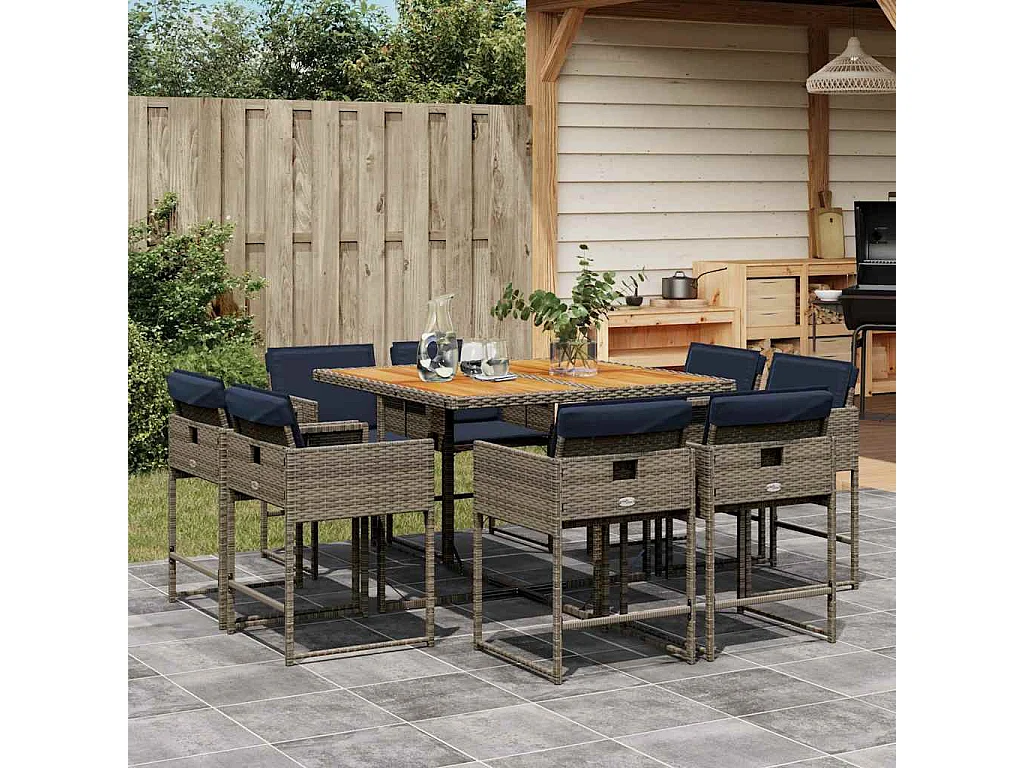 Set comedor jardín 9 piezas y cojines ratán sintético gris