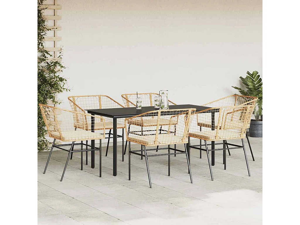 Ensemble à manger jardin coussins 7pièces marron poly rotin verre