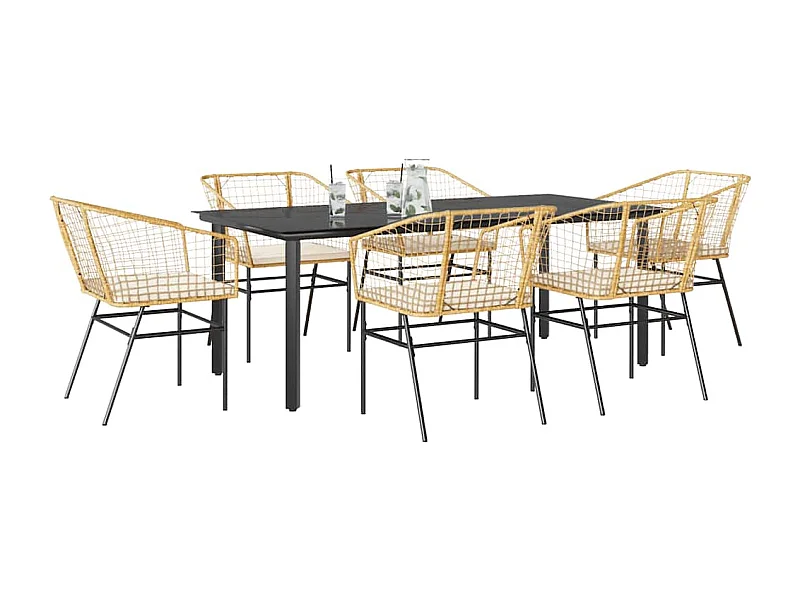 Ensemble à manger jardin coussins 7pièces marron poly rotin verre