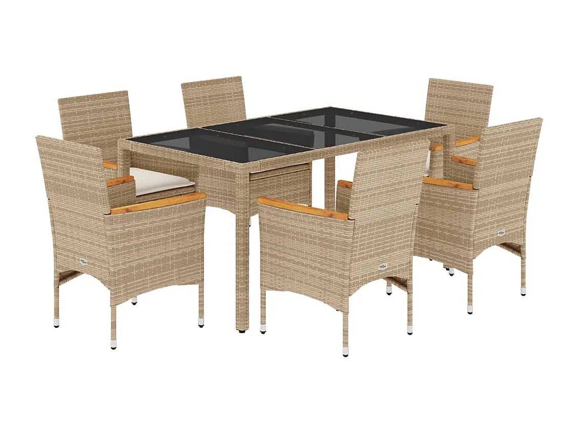 Ensemble à manger de jardin et coussins 7 pièces beige rotin verre