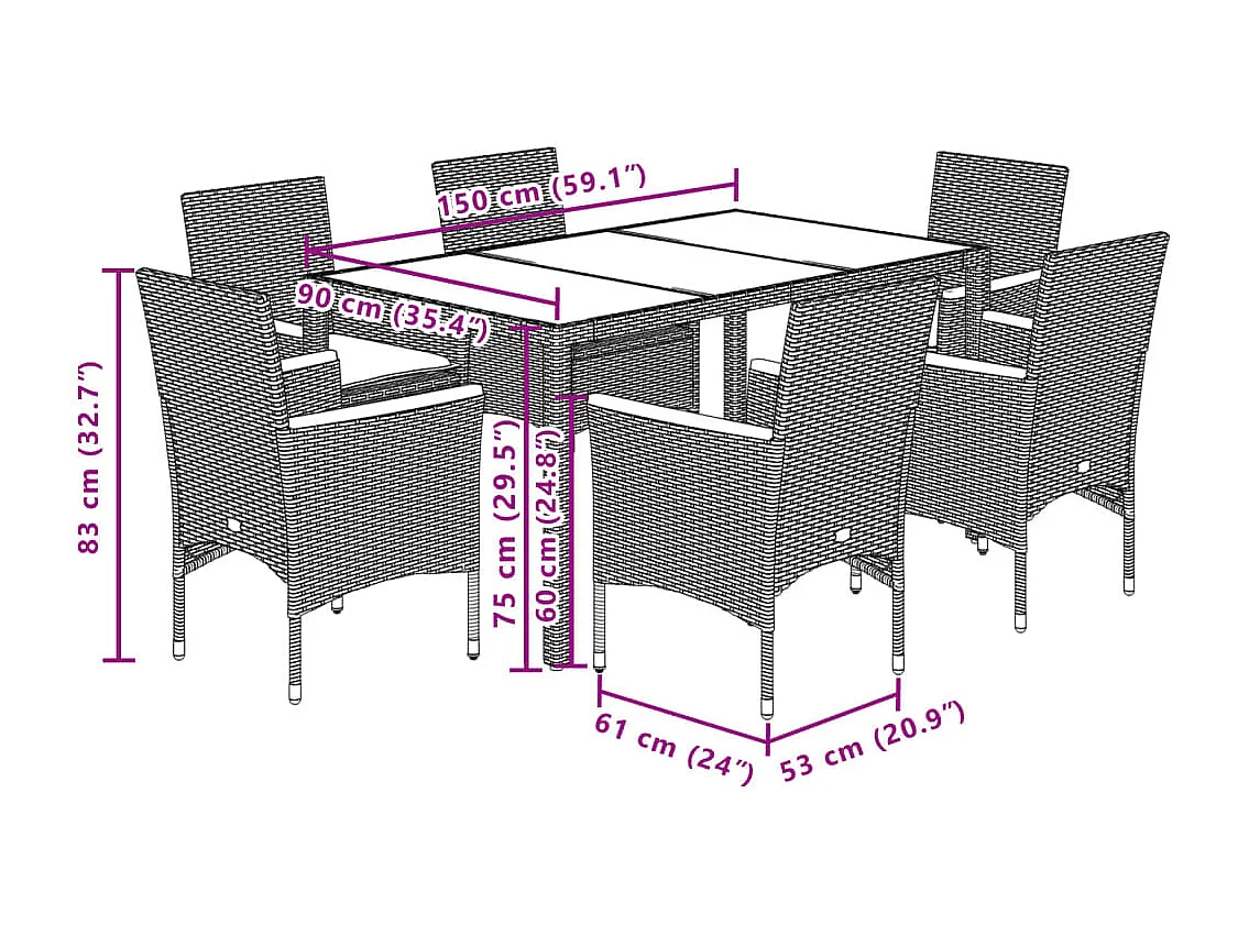 Ensemble à manger de jardin et coussins 7 pièces beige rotin verre