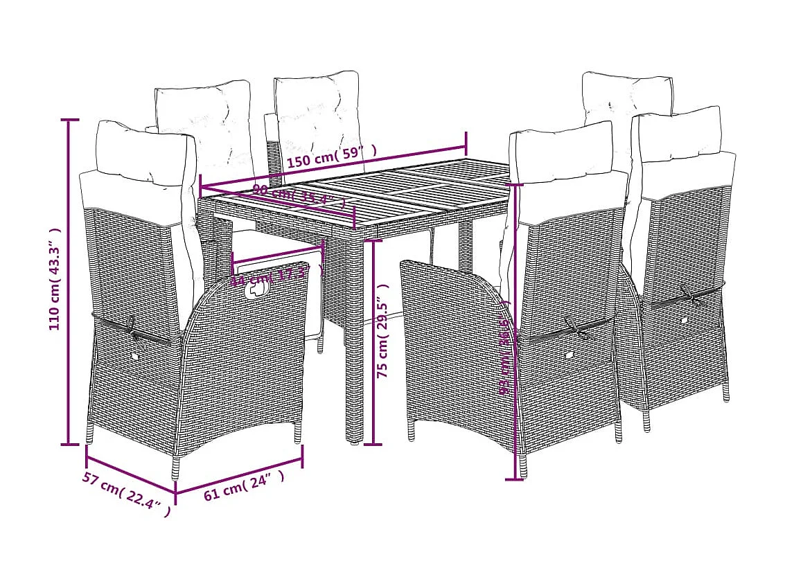 Set de comedor de jardín 7 piezas y cojines ratán sintético negro