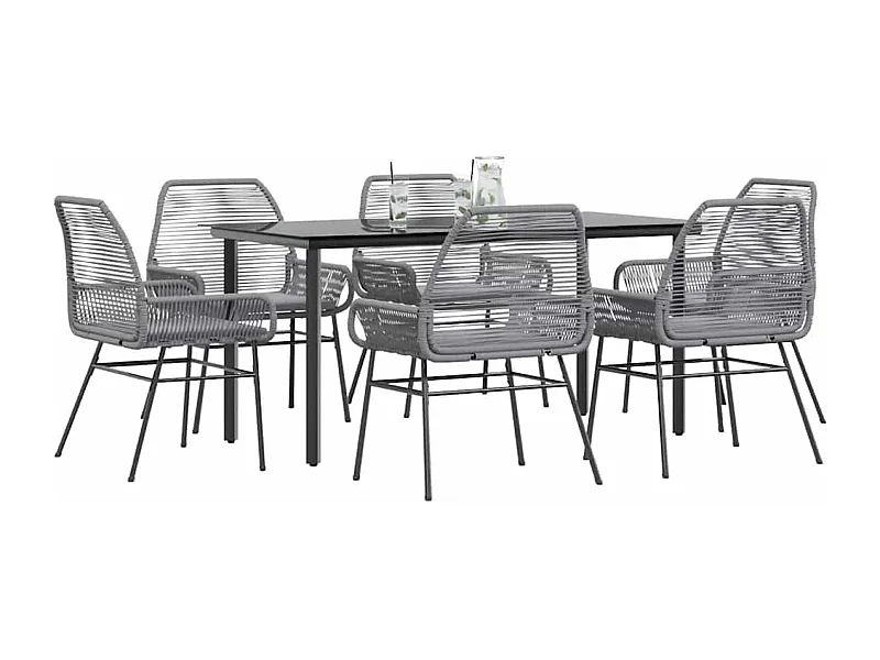 Ensemble à manger jardin coussins 7 pièces gris poly rotin verre