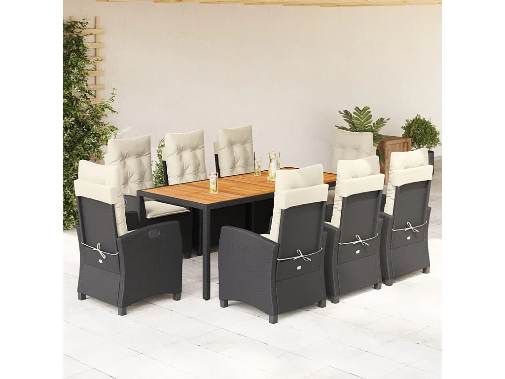 Ensemble à manger de jardin 9 pièces coussins noir résine tressée