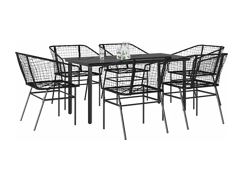 Ensemble à manger de jardin 7pièces noir poly rotin verre