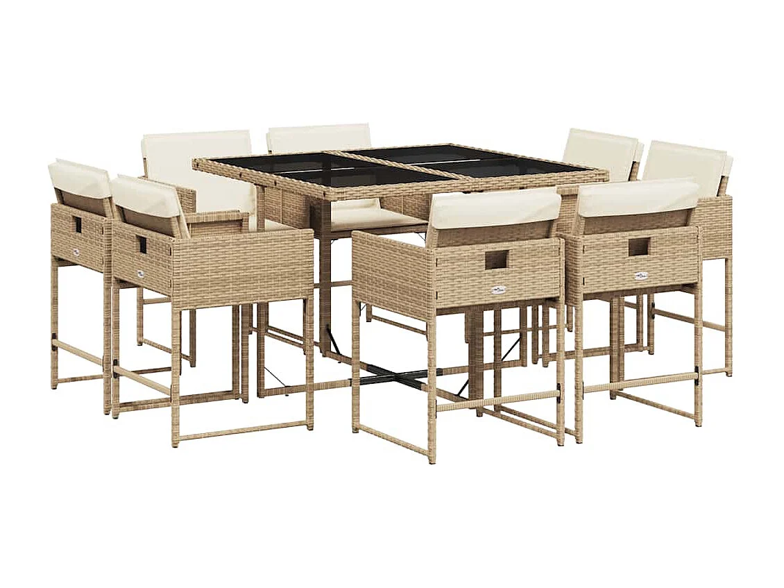 Ensemble à manger de jardin et coussins 9 pièces beige Poly rotin