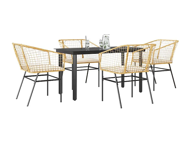 Ensemble à manger jardin coussins 5 pièces marron poly rotin verre