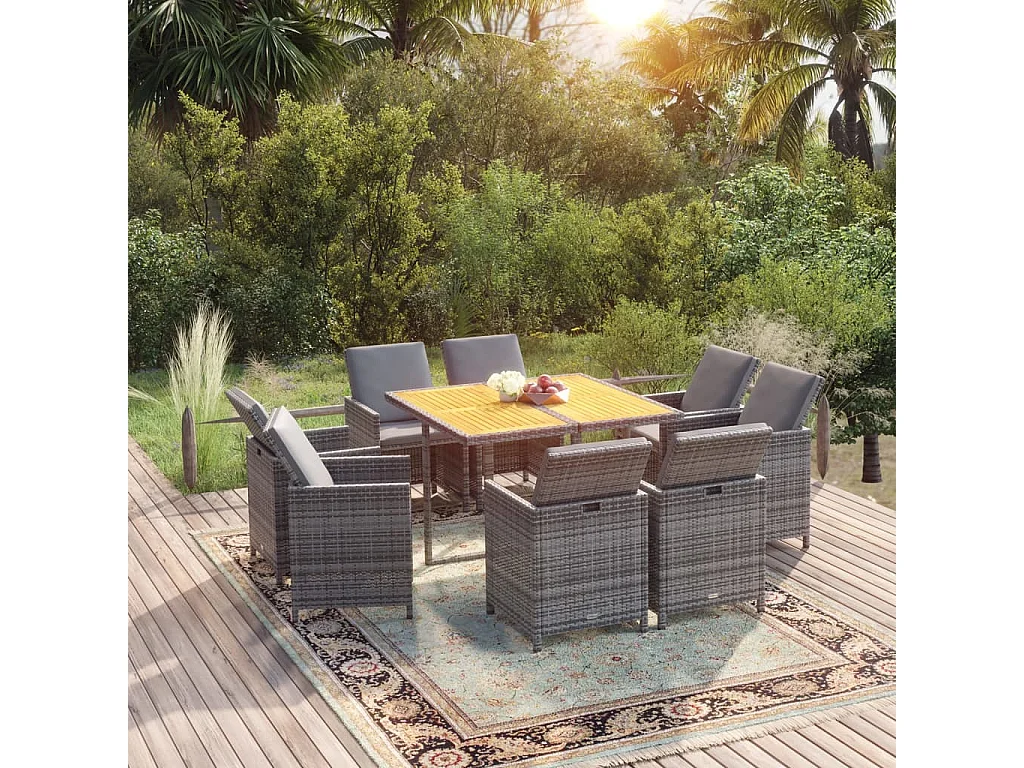 Set comedor jardín 9 piezas y cojines ratán sintético gris