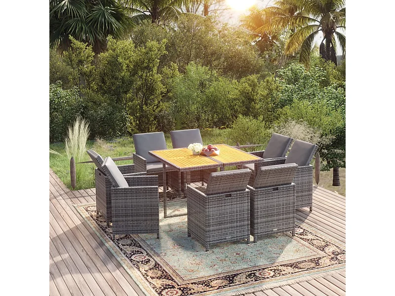 Set comedor jardín 9 piezas y cojines ratán sintético gris