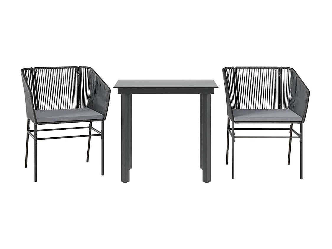 Set comedor jardín 3 piezas cojines ratán sintético vidrio negro