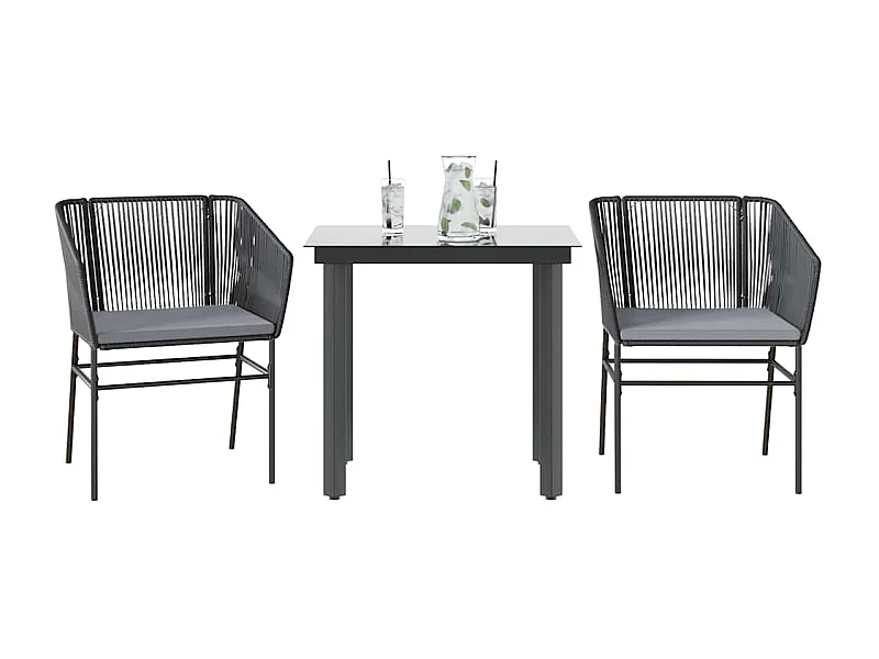 Set comedor jardín 3 piezas cojines ratán sintético vidrio negro