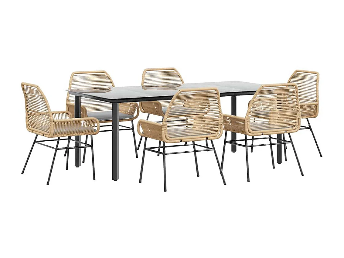Ensemble à manger jardin coussins 7pièces marron poly rotin verre