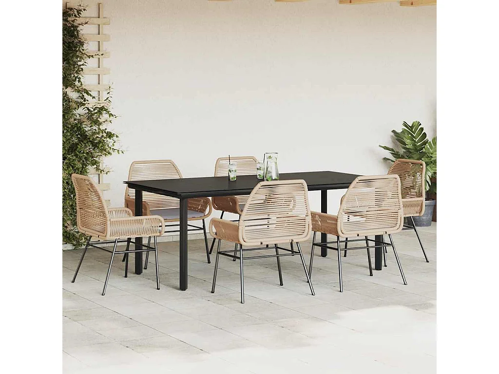 Ensemble à manger jardin coussins 7pièces marron poly rotin verre